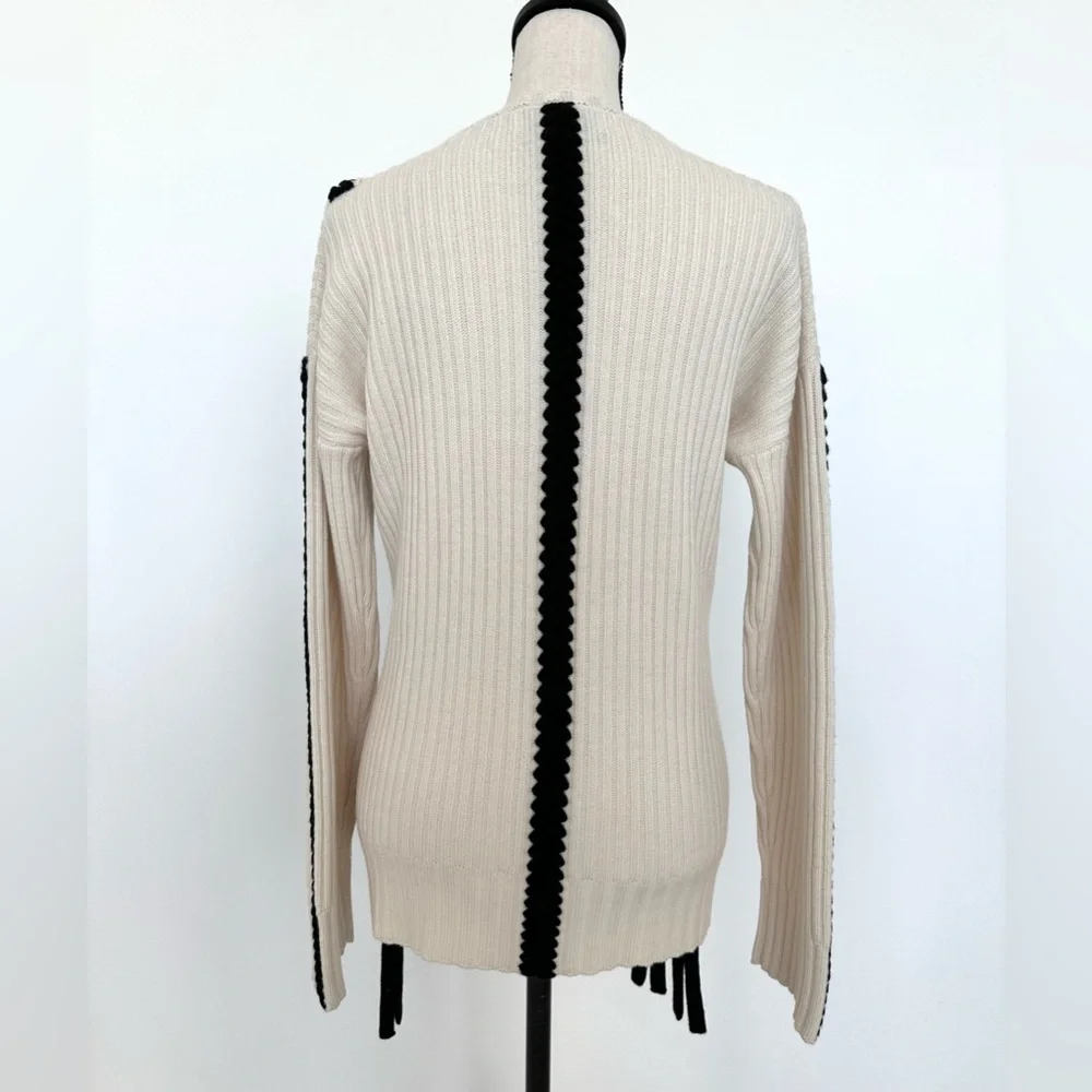 Derek Lam 10 Crosby Ribbed Wool Crewneck Sweater with Braided Detail in Ivory